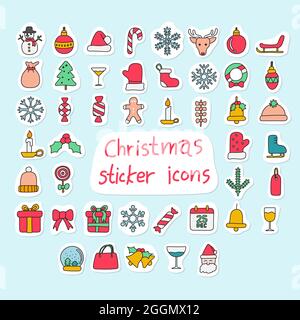 Icone adesivi natalizi set illustrazione vettore disegnato a mano isolato su sfondo blu Illustrazione Vettoriale