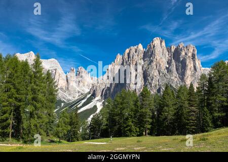 Vista del gruppo Catinaccio e delle Torri Vajolet, Trentino, Italia Foto Stock