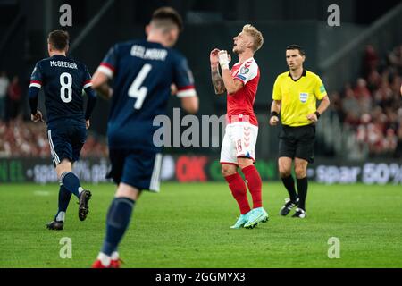 Copenaghen, Danimarca. 01 Settembre 2021. Daniel WASS (18) della Danimarca ha visto durante la Coppa del mondo UEFA tra Danimarca e Scozia al Parken di Copenhagen. (Photo Credit: Gonzales Photo/Alamy Live News Foto Stock