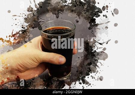 Mano e bicchiere di soda su sfondo grigio. Una mano dell'uomo tiene un bicchiere pieno di bevanda rinfrescante. Pittura digitale ad acquerello. Foto Stock