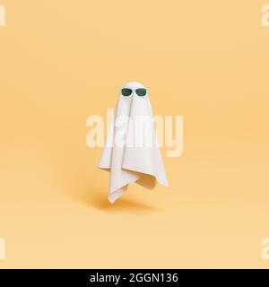 piccolo fantasma in tessuto con occhiali da sole. minimal halloween concetto. rendering 3d Foto Stock