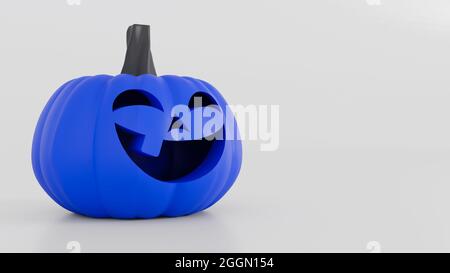 Zucca di Halloween blu con un sorriso carino sul viso. Consapevolezza del concetto di autismo. Zucca scolpita con spazio copia su sfondo bianco. Rendering 3D Foto Stock