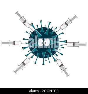 Un virus. Un personaggio cartoon. Una siringa e un'iniezione. Vaccinazione. Illustrazione vettoriale. Illustrazione Vettoriale