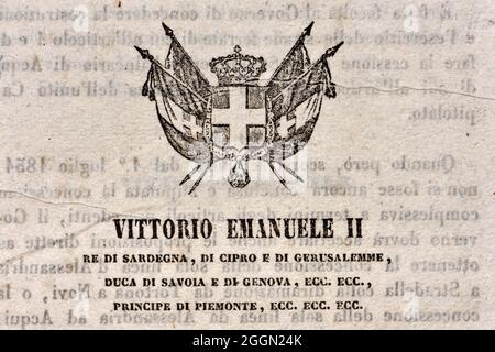 Documento italiano del re Vittorio Emanuele II che annuncia nuove leggi approvate dal Senato e dalla Camera dei deputati. Dettaglio della pagina anteriore Foto Stock
