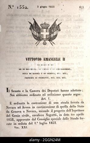 Documento italiano del re Vittorio Emanuele II che annuncia nuove leggi approvate dal Senato e dalla Camera dei deputati. 5 giugno 1853 - autorizzazione per il Foto Stock
