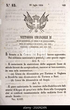 Documento italiano del re Vittorio Emanuele II che annuncia nuove leggi approvate dal Senato e dalla Camera dei deputati. 23 luglio 1854 - autorizzazione per il Th Foto Stock