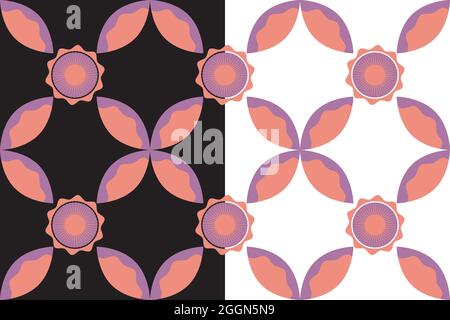 Motivo floreale senza cuciture retro anni '70. Griglia artistica geometrico, tavolozza di colori lilla rosa. Sfondo a colori bianco o nero facilmente modificabile. Vettore Illustrazione Vettoriale