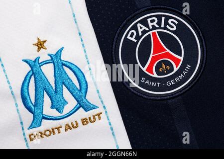 Primo piano del badge del club Marseille & PSG. Foto Stock