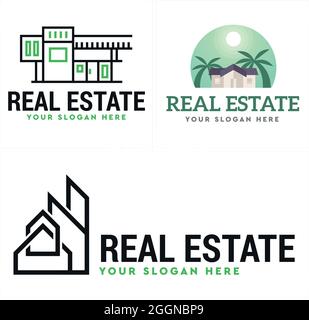 Immobiliare costruzione casa albero palma logo design Illustrazione Vettoriale