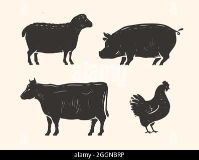 Set di animali per la macelleria. Simbolo o icona di mucca, maiale, pollo e agnello. Illustrazione vettoriale Illustrazione Vettoriale