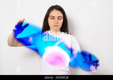 Fisica umana e quantistica - linee, palline in tonalità blu e rosa. Concentrazione, desiderio, psicologia quantistica Foto Stock