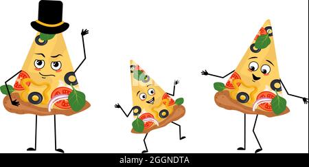 Famiglia di simpatici personaggi pizza con gioie emozioni, sorriso viso, occhi felici, braccia e gambe. Mamma è felice, papà indossa un cappello e il bambino balla. Divertenti pezzi di cibo con verdure e formaggio Illustrazione Vettoriale