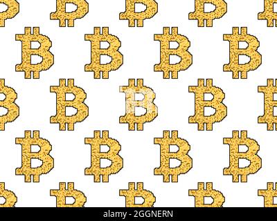 Bitcoin segno modello senza giunture in pixel art stile. Segno Bitcoin a 8 bit da pixel in 2d isolato su sfondo bianco. Criptovaluta, blockchain. VECTO Illustrazione Vettoriale