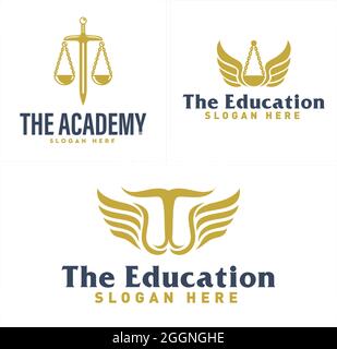 Educazione giustizia oro ali scala e design a catena logo Illustrazione Vettoriale