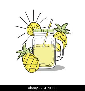Limonata di cocomero disegnata a mano in un vaso di vetro. Vettore su sfondo bianco. Drink estivo fresco Illustrazione Vettoriale