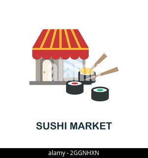Icona piatto del mercato del sushi. Segno colorato dalla collezione di piccole imprese. Illustrazione icona Creative Sushi Market per il web design, infografica e altro ancora Illustrazione Vettoriale