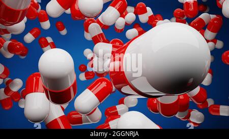 Molte pillole di medicina rosse e bianche che galleggiano nell'aria su sfondo blu illustrazione 3D Foto Stock