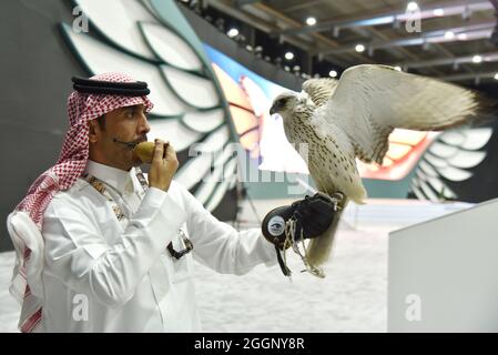 Riyadh, Arabia Saudita. 1 settembre 2021. Un lavoratore mostra un falcone ai visitatori del Saudi Falcons Club Grounds a Riyadh, Arabia Saudita, 1 settembre 2021. L'asta internazionale dei falconieri, che si terrà dal 5 agosto al 5 settembre, è organizzata dal Saudi Falcons Club con la partecipazione di falconieri di alto livello provenienti da tutto il mondo. Credit: Wang Haizhou/Xinhua/Alamy Live News Foto Stock