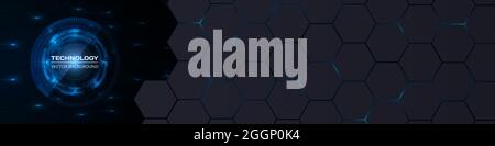 Tecnologia astratta concetto di innovazione background con scheda a circuito stampato interfaccia HUD e griglia esagonale. L'energia luminosa blu lampeggia sotto l'esagono in Illustrazione Vettoriale