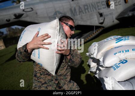 Cpl. Adam Rogers porta un 50 Kg sacchetto di riso dal Programma Alimentare Mondiale off un CH-53 Super Stallion elicottero per dare alle persone che vivono in Plaisance du Sud, un comune ad Anse-à-vitello Arrondissement nel dipartimento di Nippes di Haiti dal 18 ottobre 2016. Rogers è uno dei centinaia di Marines con il ventiquattresimo Marine Expeditionary Unit assistere in aiuti umanitari dopo l uragano Matteo una categoria 4 tempesta, ha colpito i Caraibi in precedenza in ottobre. (U.S. Marine Corps foto di Sgt. Matthew Callahan) Foto Stock