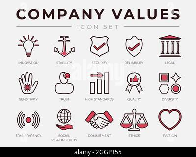 Valori fondamentali della società aziendale icona della linea retrospettiva impostata con icone a colori Illustrazione Vettoriale