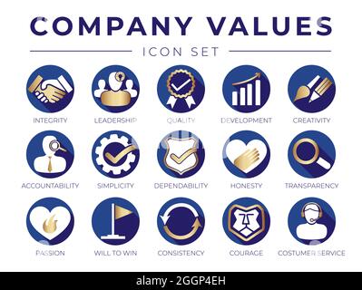Gold Company Core Values Round Web Icon Set. Integrità, leadership, qualità e sviluppo, creatività, responsabilità affidabilità trasparenza, PA Illustrazione Vettoriale