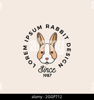 Linea stile viso coniglio o Lepre con Typography retro. Modello di logo, simbolo o segno vettoriale astratto. Silhouette animale Cartoon. Isolato Illustrazione Vettoriale