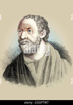 Illustrazione colorata del filosofo greco Carneades (214/3 - 129/8 AC). Foto Stock