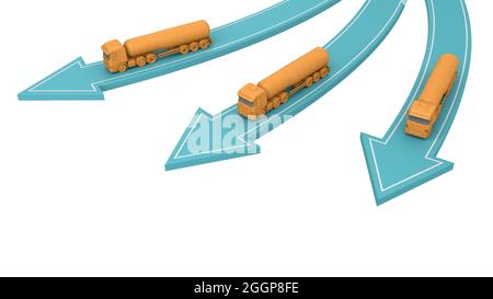 Tre tanker arancione benzina vanno in diverse direzioni isolato su bianco sopra la vista. rendering 3d Foto Stock