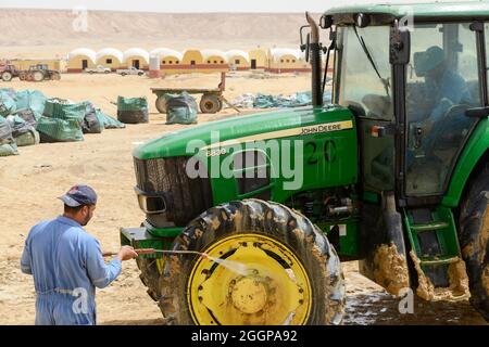 EGITTO, Farafra, coltivazione di patate nel deserto, lavaggio del trattore / AEGYPTEN, Farafra, United Farms, Kartoffelanbau in der Wueste, Traktor Waesche Foto Stock