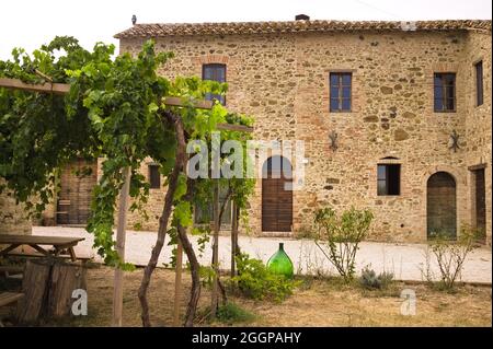 La facciata di un casale rurale in pietra con porte e finestre in legno nella campagna italiana (Toscana, Italia, Europa) Foto Stock