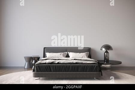 Interno della camera da letto principale minimalista con pareti grigie e bianche, pavimento in legno, comodo letto king size con due comodini. rendering 3d, Foto Stock