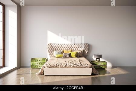 Interno della camera da letto principale minimalista con pareti grigie e bianche, pavimento in legno, comodo letto king size con due comodini. rendering 3d, Foto Stock
