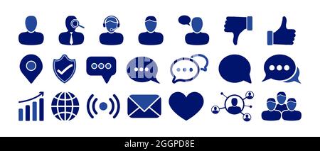 Icona blu Social Media impostata con persone, Chat, Thumbs Up, come icone Illustrazione Vettoriale