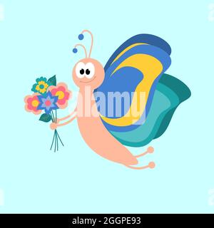 Farfalla carina con un bouquet di fiori. Personaggio cartoon. Illustrazione isolata per la progettazione. Illustrazione Vettoriale