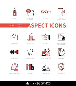 Sanità - Set di icone di stile moderno di design di linea. Raccolta di immagini sul tema della cura del benessere fisico e mentale. Sonno sano, onlin Illustrazione Vettoriale