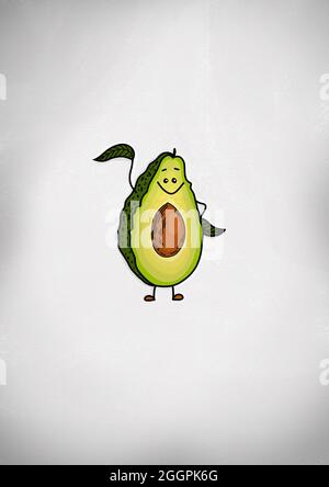 Simpatici personaggi avocado. Divertente emoticon sorridente avocado cartoon in stile piatto Foto Stock
