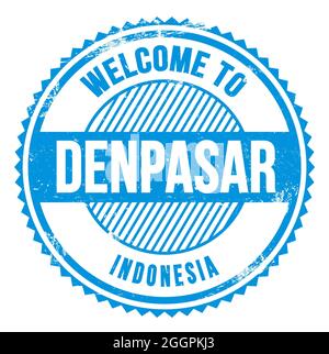 BENVENUTI A DENPASAR - INDONESIA, parole scritte su blu zig zag timbro Foto Stock