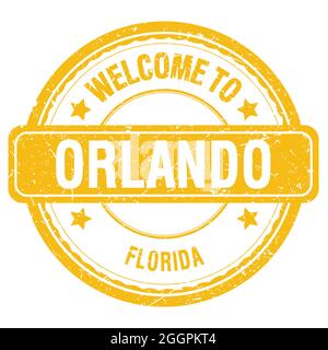 BENVENUTI A ORLANDO - FLORIDA, parole scritte su un francobollo giallo grungo Foto Stock