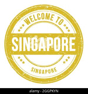 BENVENUTI A SINGAPORE - SINGAPORE, parole scritte sul francobollo tondo giallo Foto Stock