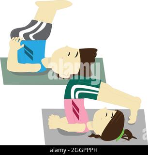 Giovane uomo e donna sta praticando yoga a spalla, esercizio di Salamba Sarvangasana con yoga Halasana Illustrazione Vettoriale