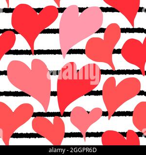 Pattern senza giunture a cuore rosso con sfondo a strisce Illustrazione Vettoriale