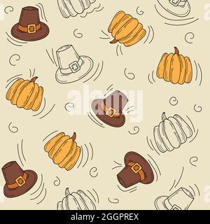 Senza cuciture autunnali. Cappello e zucca - modello senza cuciture. Icone di ringraziamento disegnate a mano Illustrazione Vettoriale