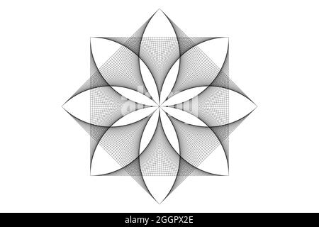 fiore di loto mandala, arte del filo, simbolo geometria Sacra. Icona del logo, mandala mistica geometrica di fiore esoterico alchimico. Vettore linea nera stringa ART Illustrazione Vettoriale