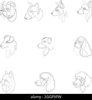 Set di illustrazioni disegnate a mano di disegni di disegni di personaggi del cane Illustrazione Vettoriale