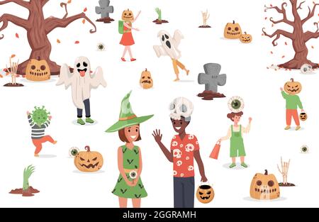 Bambini che indossano costumi mostruosi che camminano nella città vettoriale illustrazione piatta. Trick o trattare Halloween party concetto. Ragazzi e ragazze in strega, fantasmi, coronavirus, e spaventosi costumi di zucca. Illustrazione Vettoriale