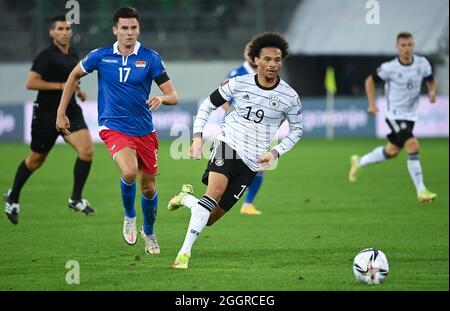 San Gallo, Svizzera. 2 settembre 2021. Calcio: Qualificazione Coppa del mondo Europa, Liechtenstein - Germania, fase del Gruppo, Gruppo J, Matchday 4 a Kybunpark. Leroy sane in azione in Germania. Credit: Sven Hoppe/dpa/Alamy Live News Foto Stock