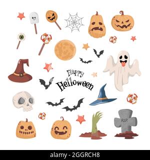 Happy Halloween party vettoriale cartoon flat design con spazio di testo. Fantasma, cappello di strega, stelle, caramelle, occhi umani, cranio, pipistrelli, mano zombie e teste di zucca isolate su sfondo bianco. Illustrazione Vettoriale