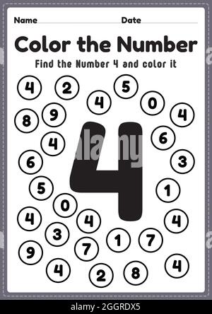 Foglio di lavoro per la matematica dell'asilo, numero 4 attività matematiche da colorare per i bambini del prescolare per imparare le abilità matematiche di base in una pagina stampabile. Illustrazione Vettoriale