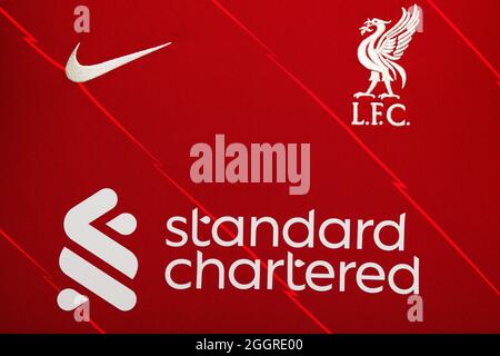 Primo piano del kit Liverpool FC 2020/21. Foto Stock